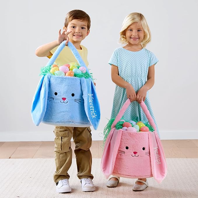 Let's Make Memories Personalized Easter Basket for Kids - For Boys - For Girls - Fillable - Easter Basket Stuffers - Oversized Plush Bunny - Blue