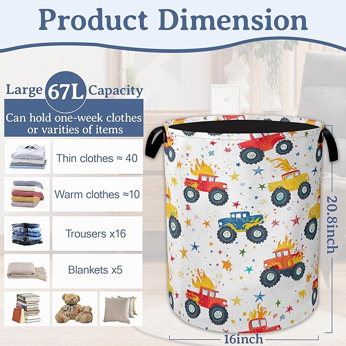 Cute Truck Laundry Basket,Foldable Oxford Cloth Laundry Hamper With Handle, 20.8"x16" Portable Clothes Storage Basket Bag for Laundry Room/Bathroom/Bedroom/Dormitories