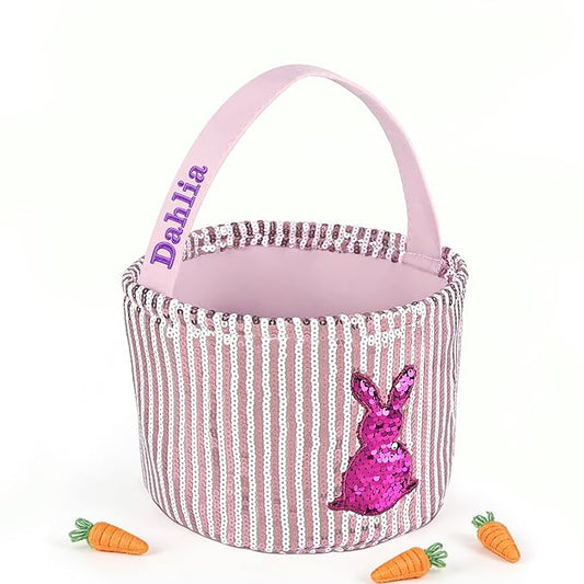 Personalized Easter Basket for Kids, Boys & Girls – Ideal for Egg Hunting & Easter Gift Storage (Pink Sequin Bunny Basket)