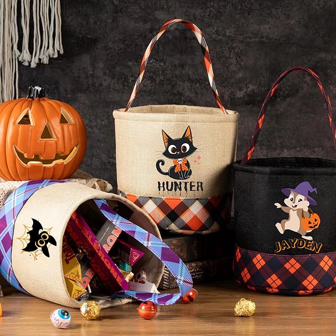 Kids Personalized Halloween Basket, Custom Name Trick or Treat Bag, Plaid Halloween Tote Bag, Pumpkin Candy Bucket for Toddlers, Boo Basket Gifts,Costume Accessory