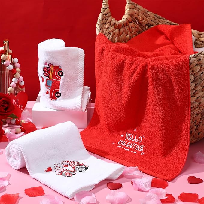 3 Pack Valentine's Day Bath Hand Towels Embroidered 100% Cotton 13.7 x 29.5 in Red Heart Love Bathroom Kitchen Decorations