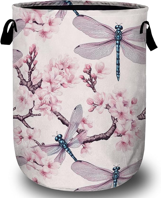 Dragonfly Laundry Basket, Foldable Cherry Blossom Laundry Hamper Tote Bag Dirty Clothes Storage Bucket Toy Organizer for Bathroom/Laundry/Bedroom 15.7"x19.6"