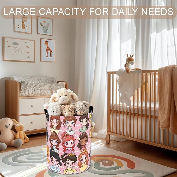 Princess Laundry Basket Hamper 19.7"x15.8", Cute Cartoon Foldable Waterproof Oxford Clothes Storage Bucket for Room Bathroom Bedroom Nursery Decor, Toy Organizer Bins Gifts for Kids Boys Girls