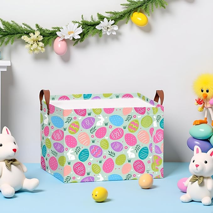 Rectangle Storage Basket,Gift Basket Empty with Handles,Cute Organizer, Room Decor(Coloful Easter)