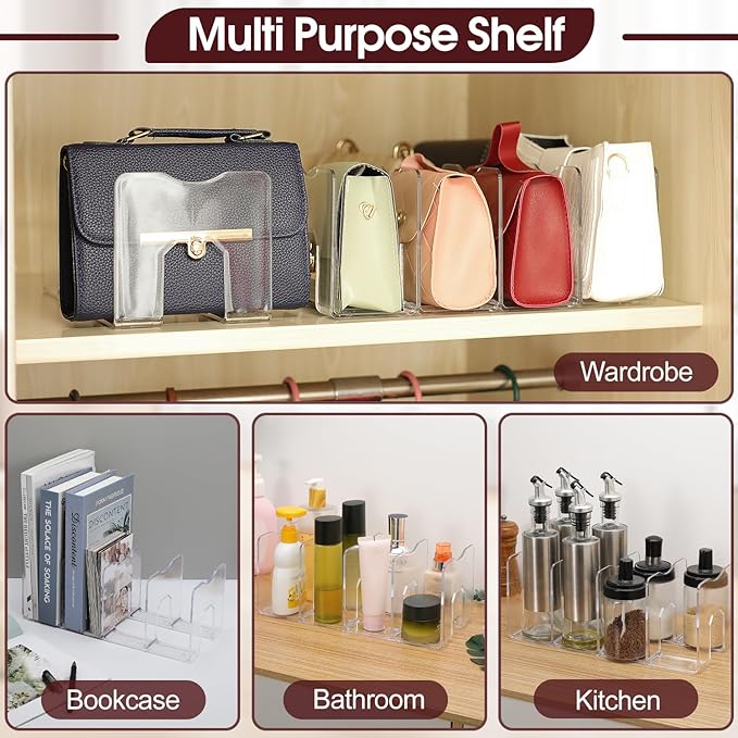 frtzal Purse Closet Organizer,Purse Organizer for Closet,Handbag Organizer,Desk File Sorter Purse, 4 Clear Handbag Storage Shelf - Plastic Clutch Dividers, transparent