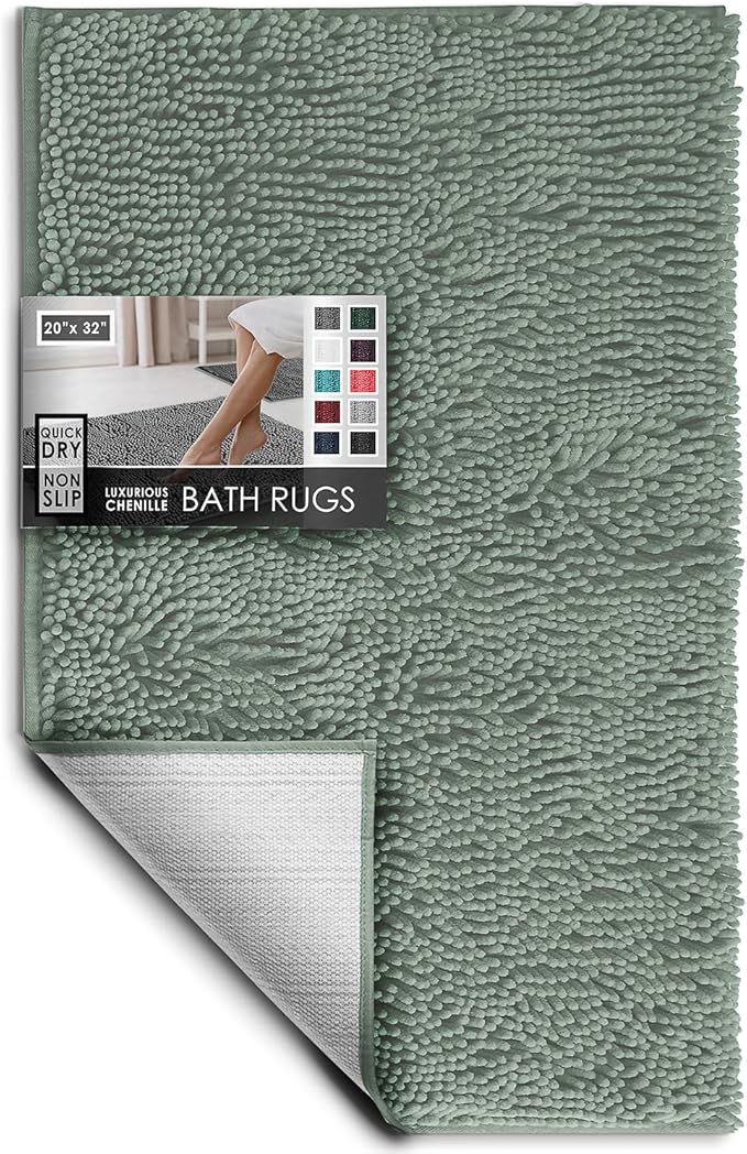 Hearth & Harbor Bathroom Rugs, Chenille Bath Mat - Machine Washable Bath Mats for Bathroom Non-Slip Backing Rubber, Quick Dry Bathroom Mat, 20 x 32 - Ice Green