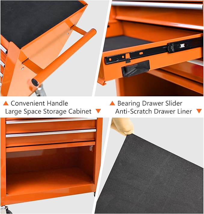 4-Drawer Rolling Tool Chest Cabinet, Large Capacity Metal Tool Box with Wheels, Storage Organizer Tool Cart for Garage, Warehouse, Work Shop (Orange)
