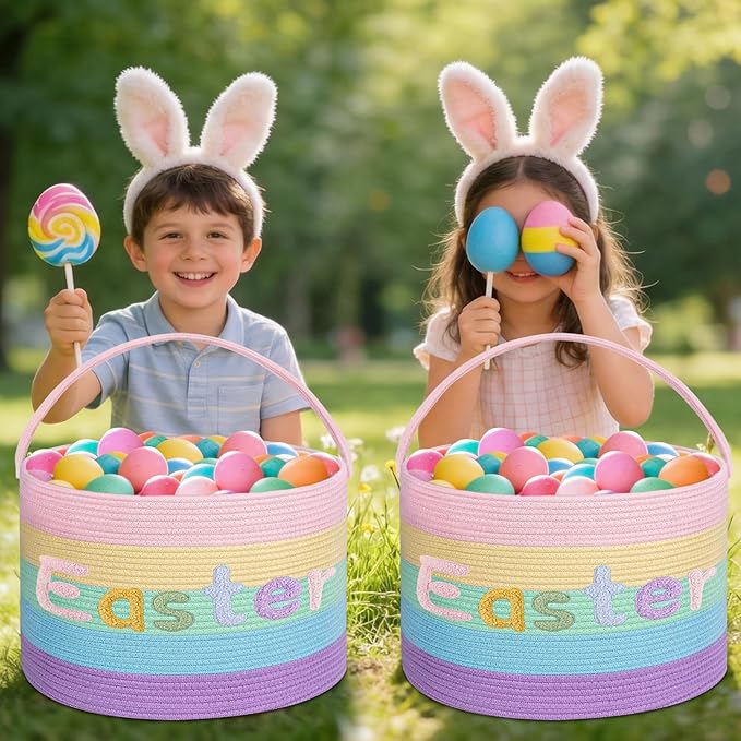 Rainbow Easter Basket, Extra Large Easter Egg Hunting Basket, Woven Cotton Rope Storage Basket Laundry Basket with Handle, Soft Round Storage Bin, Blanket Basket, Empty Gift Basket, 18.5"x13"