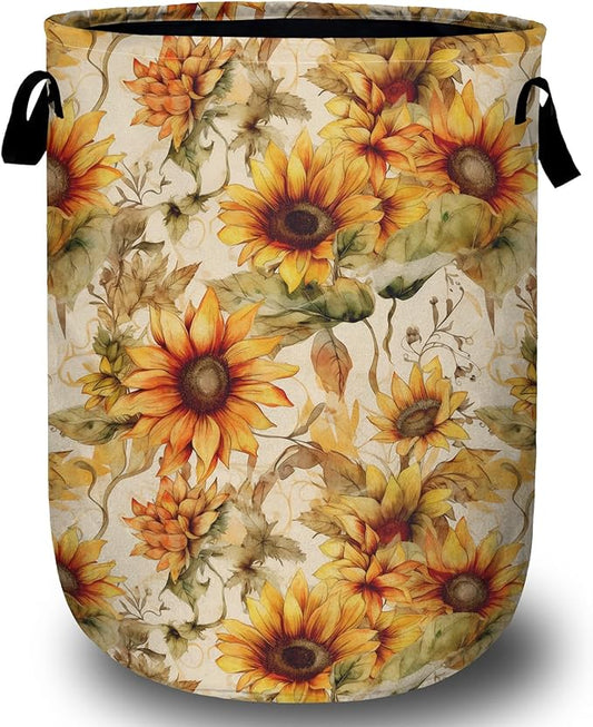 Watercolor Sunflower Laundry Basket with Sturdy Handles, Vintage Floral Collapsible Oxford Cloth Laundry Hamper Organizer Basket for Bathroom Bedroom 15.7x20 Inch