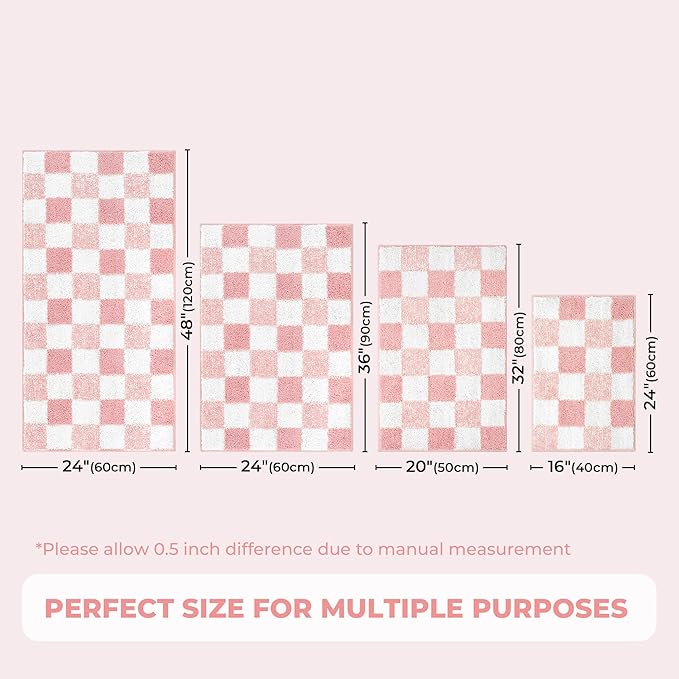 GRANNY SAYS Checkered Pink Bathroom Rugs Decor, 48" x 24", Fluffy Rug, Absorbent Microfiber Ultra Soft Bath Mat Washable, Non-Slip Bath Mats for Bathroom, Cute Floor Mat for Tub, Shower, Bedroom