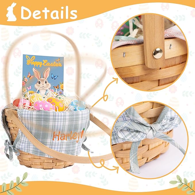Personalized Easter Basket Large 2025 New Custom Embroidered Designed Liners with Stuffers Hand-Woven Folding Handle