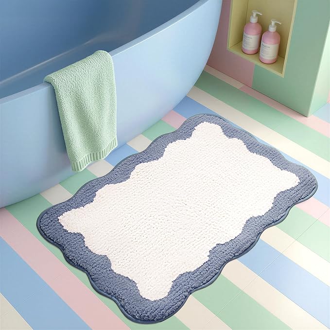 GRANNY SAYS Waved Deep Blue Bathroom Rugs, 32" x 20", Non-Slip Bath Mats for Bathroom, Plush Shag Absorbent Microfiber Ultra Soft Scalloped Bath Mat, Cute Washable Rug for Tub, Shower, Bedroom
