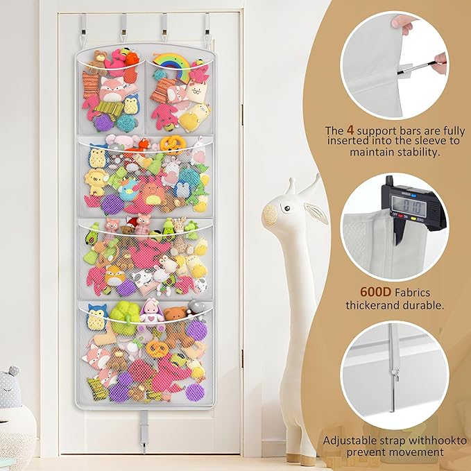 Stuffed Animal Storage Hammock – Over the Door Hanging Toy Organizer & Plush Toy Holder with Metal Hooks & Support Bars, Capacity Mesh Net for Easy Access, Kids Room, Playroom/Nursery, Grey