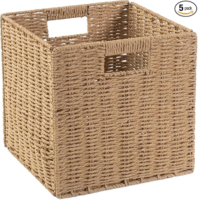 10.5x10.5in Storage Baskets Set Water Hyacinth Baskets,Foldable Handwoven Storage Cubes,Wicker Cube Baskets Laundry Organizer Totes for Bathroom, Bedroom, Laundry, Pantry, Shelves (5, Light Brown)