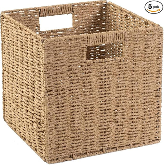 10.5x10.5in Storage Baskets Set Water Hyacinth Baskets,Foldable Handwoven Storage Cubes,Wicker Cube Baskets Laundry Organizer Totes for Bathroom, Bedroom, Laundry, Pantry, Shelves (5, Light Brown)