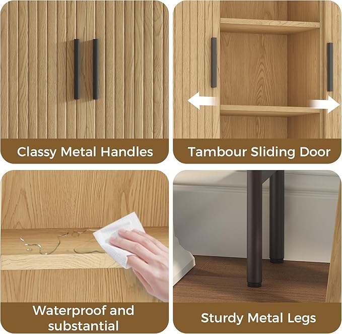 Over The Toilet Storage Cabinet with 2 Sliding Doors, Adjustable Shelf Bathroom Organizers and Storage with Anti-Tip Device, Waterproof, Space Saver for Bathroom, Restroom, Laundry, Natural