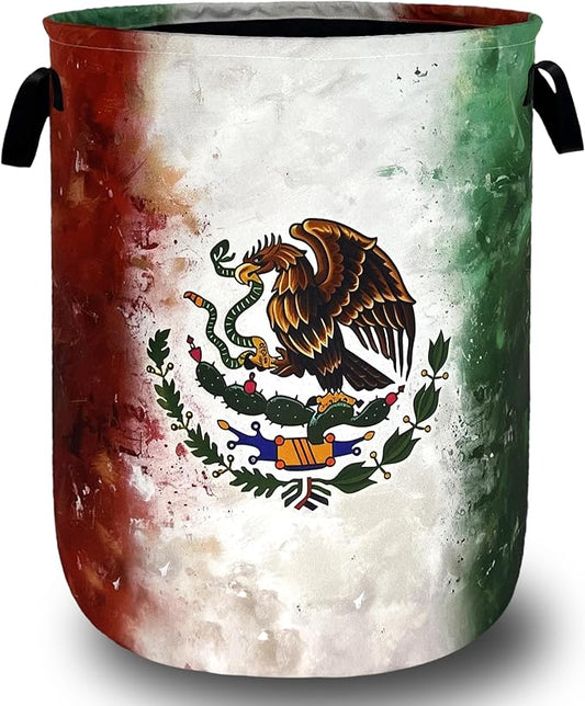 Vintage Mexican Flag Laundry Basket Oxford Cloth Foldable Mexico Laundry Hamper With Handle Portable Clothes Storage Organizer Basket 18.9 x 16.5 Inch Laundry Bag For Laundry Room/Bedroom/Bathroom
