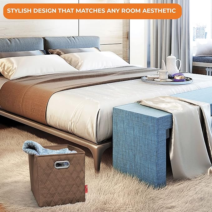 FH Group JIAessentials 11" Faux Leather Foldable Storage Cube Bins Set of 2 – Brown Diamond Patterned Organizers with Handles for Closet & Shelves