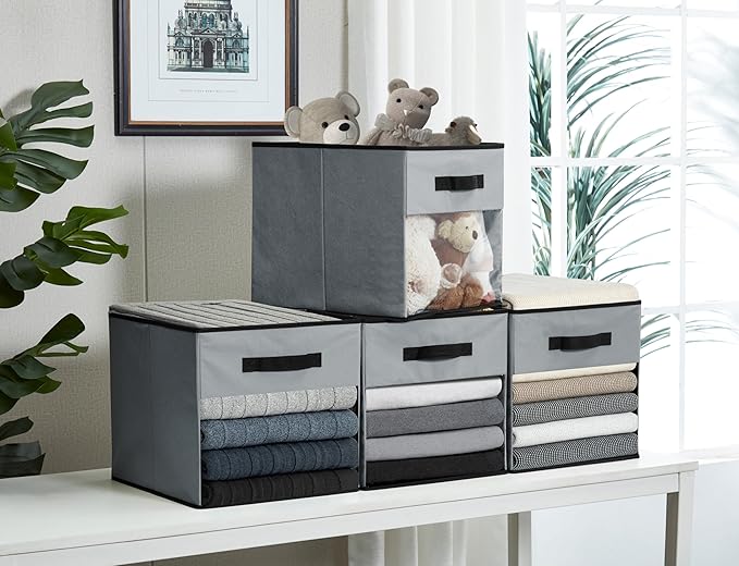 DECOMOMO Kallax Storage Cubes, 13x13x15 Storage Cube Bins with Window, Baskets for Organizing Shelves (Kallax / 4pcs, Grey)