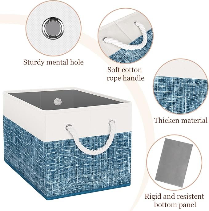 Storage Bin,Collapsible Storage Basket For Organizing,Large Storage Boxes With Rope Handles,Storage Containers,White & Blue,8 Pack