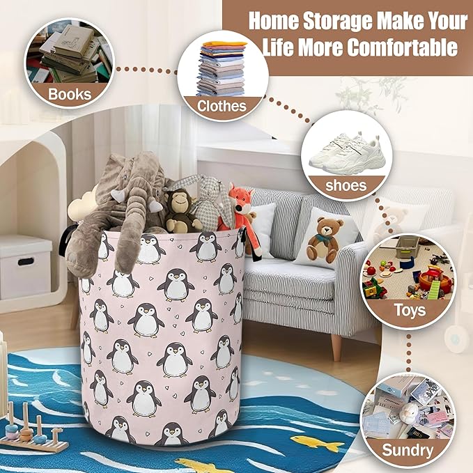 Cute Penguin Laundry Hamper,Pink Laundry Baskets,Waterproof Oxford Cloth Toy Storage for Bedroom,Bathroom,Nursery,16x20.8 Inch