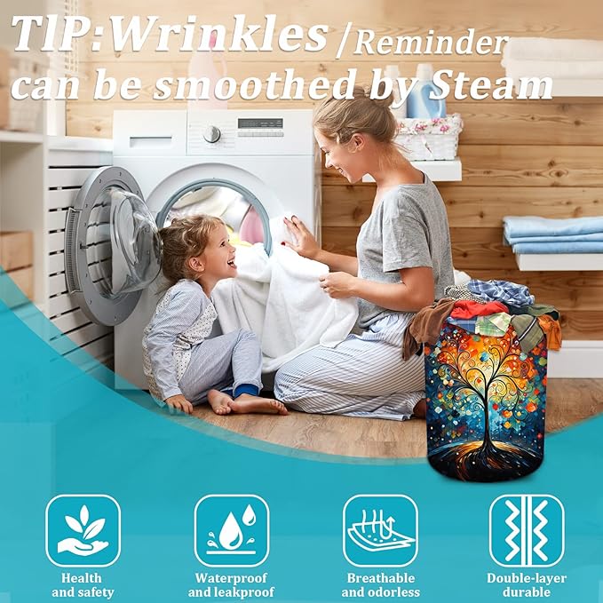 Colorful Love Tree Laundry Basket, Foldable Waterproof Oxford Cloth Spring Laundry Hamper Funny Tote Bag Dirty Clothes Storage Bucket Toy Organizer for Bathroom/Laundry/Bedroom 15.7"x19.6"