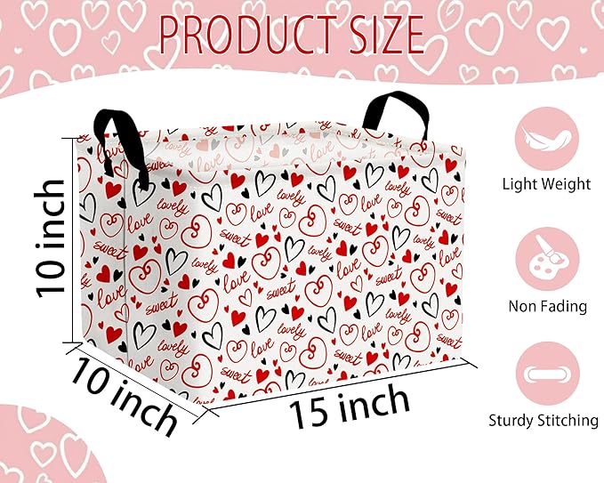 Large Valentine's Day Basket Heart Shaped Storage Bin for Gifts Collapsible Organizer Room Decor (Black Red Empty Lines Love)