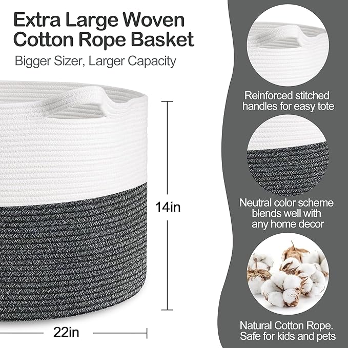 Large Throw Blanket Basket, 22" X 22" X 14" XXXL Blanket Holder for Living Room, Big Wicker Baskets for Storage, Woven Cotton Rope Kids Toy Box, Throw Pillow Holder Organizer Bin