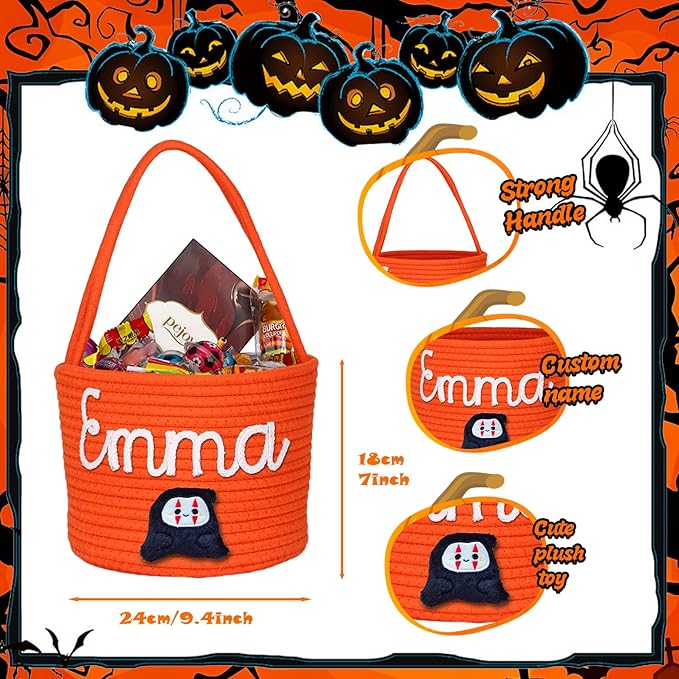 Personalized Halloween Basket, Custom Trick or Treat Bag with Name, Hand-Woven Candy Bucket, Spooky Decor for Boys & Girls (Style 1)