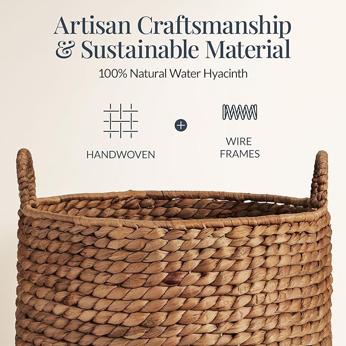 Best Choice Products Round Storage Basket w/Handles, Handwoven Water Hyacinth, Plant Holder, Storage Organizer Tote Bin for Bedroom, Living Room, Bathroom - Chestnut