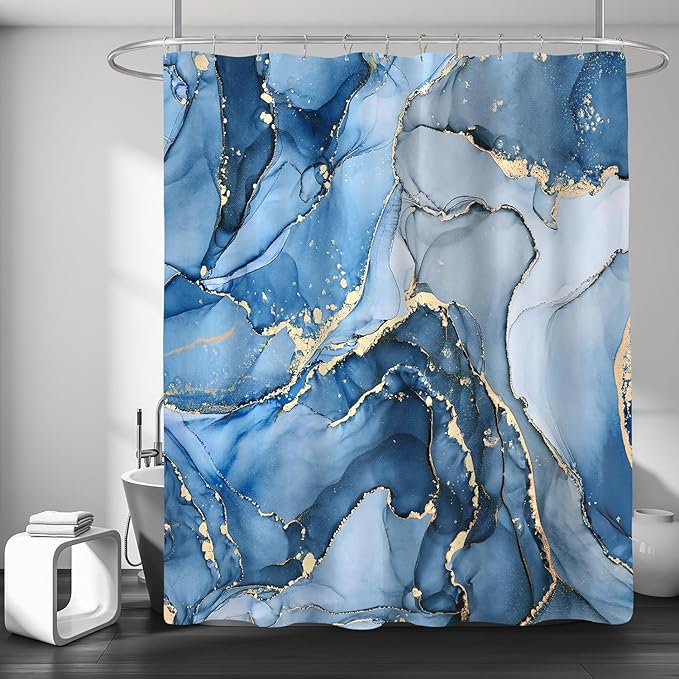 4 Pcs Blue Marble Shower Curtain Sets with Rugs Gold Bathroom Sets with Shower Curtain and Rugs Modern Abstract Bathroom Decor Accessories Shower Curtains for Bathroom Toilet Lid Cover