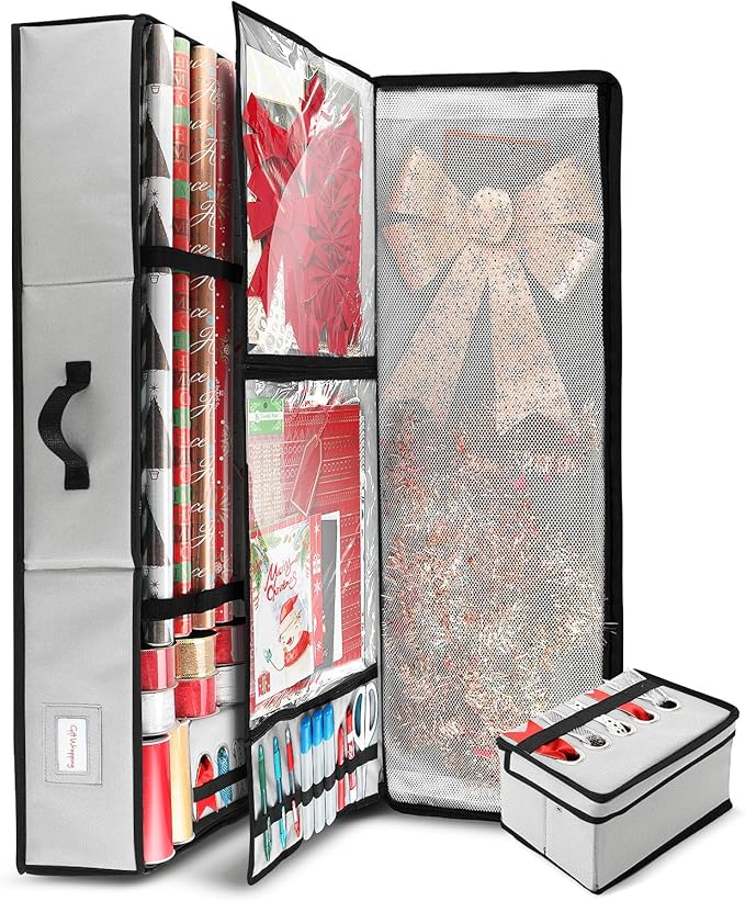 Hearth & Harbor Wrapping Paper Storage Container - Christmas Storage Bag with Ribbon Dispenser and Interior Pockets - Gift Wrap Organizer Fits Up to 26 Rolls of 40" Length, Silver