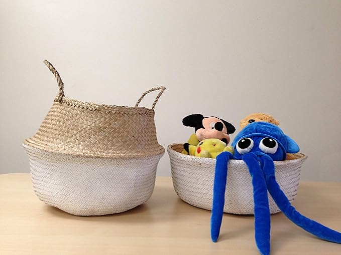 Dipped White Sea Grass Belly Basket Panier Boule Storage Nursery Toy Laundry Easter (Small)