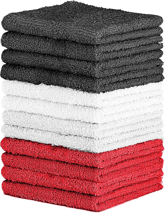 100% Cotton Washcloth Set – Soft, Absorbent Face Towels for Bathroom & Gym Use – Durable & Reusable Wash Cloths - Dark Grey, White & Burgundy, 12x12 Inches, Pack of 12