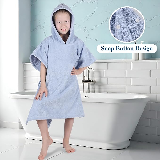 Superior Kids Cotton Terry Poncho, Soft, Absorbent Bath Towel with Hood, Bathroom Accessories, Long, Plush Bathrobes for Bath, Shower, Spa, Resort, Beach, Pool, Boy, Girl, Small/Medium Size, Blue