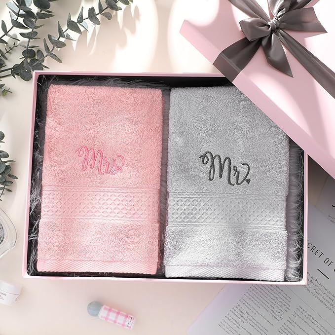 2 Pcs Mr. and Mrs. Hand Towels 100% Cotton Embroidered Bathroom Towel Wedding Mr. and Mrs. Gift for Valentine's Day Couple, Anniversary Bathroom Decor 29 x 13 Inch