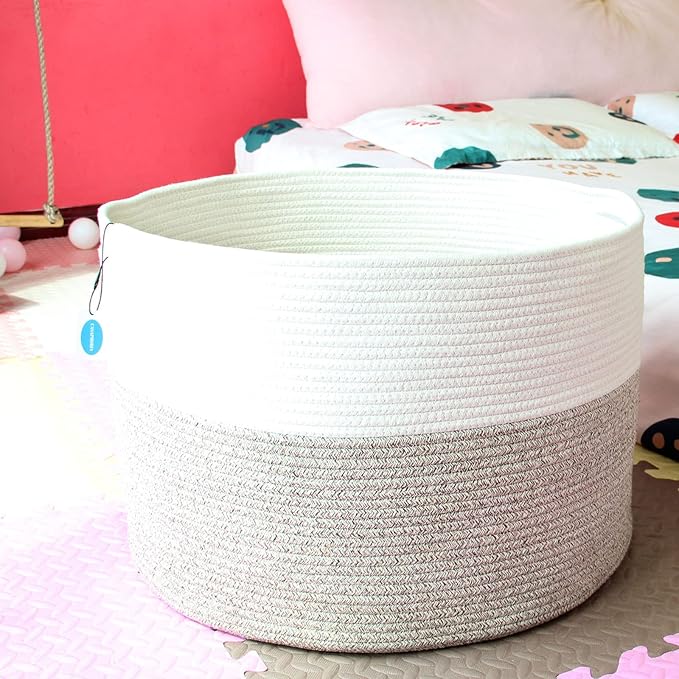 Casaphoria XXXLarge Cotton Rope Basket for Living Room - Woven Storage Basket with Handle for Blankets, Towels and Pillows Laundry Hamper | White and Brown (22" x 22" x 14")