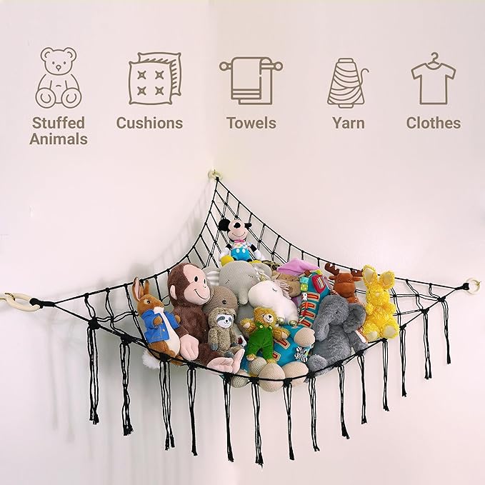 Large Stuffed Animal Hammock Corner - Stuffed Animal Storage - 100% Natural Cotton Macrame Stuffed Animal Net - Stuff Animal Organizer - Net For Stuffed Animals Corner Large-Black