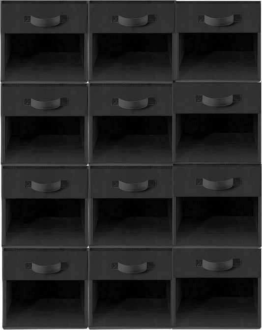 Storage Bins with Clear Window, 13x13 Storage Cubes, Collapsible Cube Storage Box, Fabric Closet Organizers with Handles for Home, Office, Shelf, Closets, Living Room, Black, 12 Pack