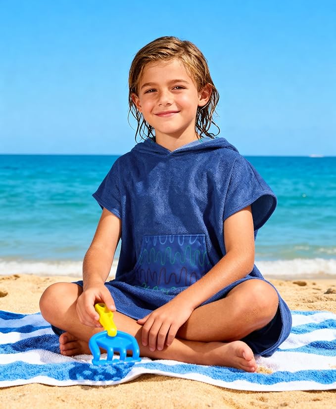 MissShorthair Towel Poncho for Kids, Hooded Beach Towel for Girl&Boy, Surf Poncho Swim Changing Robe Microfiber Bath Towel 11-14 Years Dark Blue