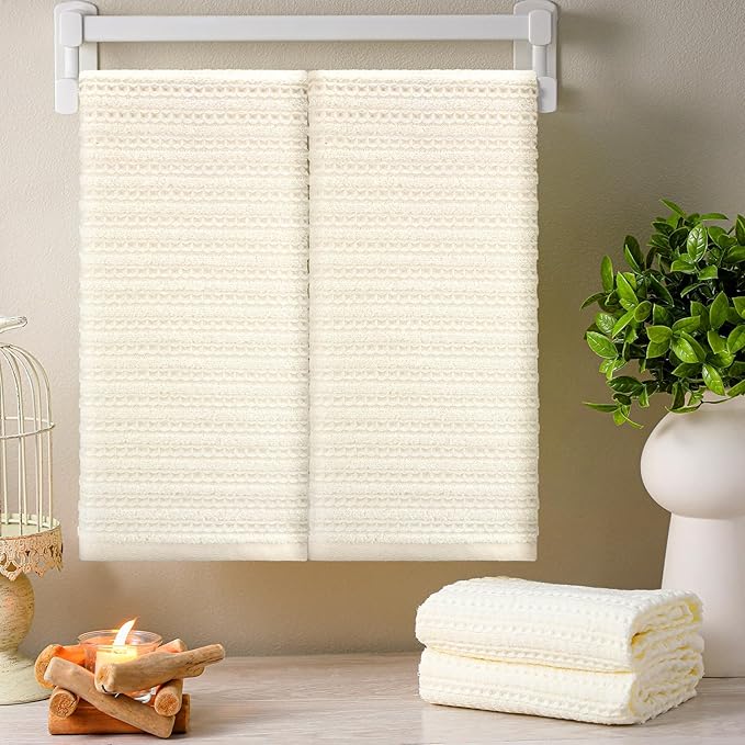 4 Pack Cream Hand Towels Waffle Striped Pattern 100% Cotton Soft Hand Towels for Bathroom 13 x 29 Inch Absorbent Waffle Washcloths for Bathroom Kitchen