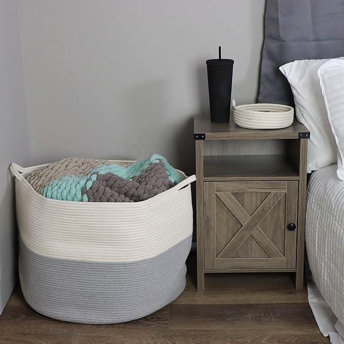 Extra Large Cotton Rope Basket 24” x 17” Woven Cotton Storage Basket with Handles for Blankets and Toys, Storage Decor for Living Room, Bedroom or Kids Room