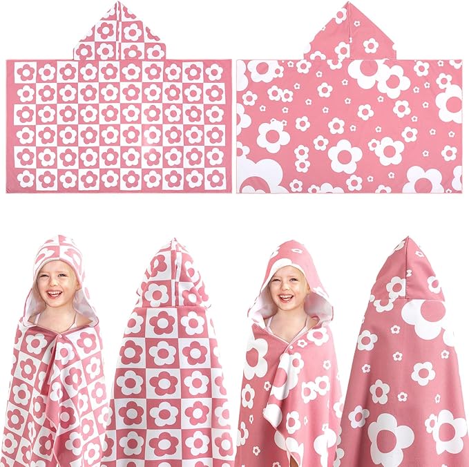 2 Pcs Kids Hooded Bath Towel 50" x 30" Kids Hooded Beach Bath Towels Pink Microfiber Toddlers Towels Pool Beach Towel Wrap for 3-12 Years Girls Toddlers Swimming Cover up 2 Design(Flowers)