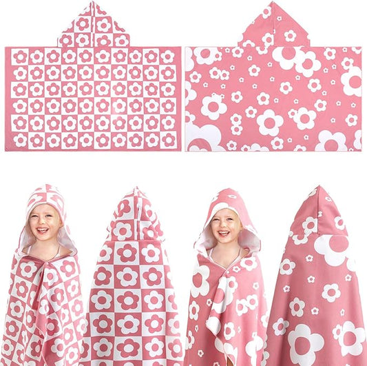 2 Pcs Kids Hooded Bath Towel 50" x 30" Kids Hooded Beach Bath Towels Pink Microfiber Toddlers Towels Pool Beach Towel Wrap for 3-12 Years Girls Toddlers Swimming Cover up 2 Design(Flowers)