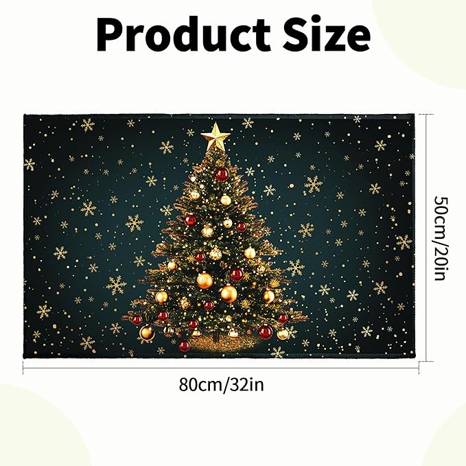 Green Christmas Bath Rug Xmas Tree Gold Snowflakes Bathroom Mat Winter Holiday Rug Extra Soft Plush Rug 20X32 Inch Non Slip Absorbent Doormat for Bathroom Entryway