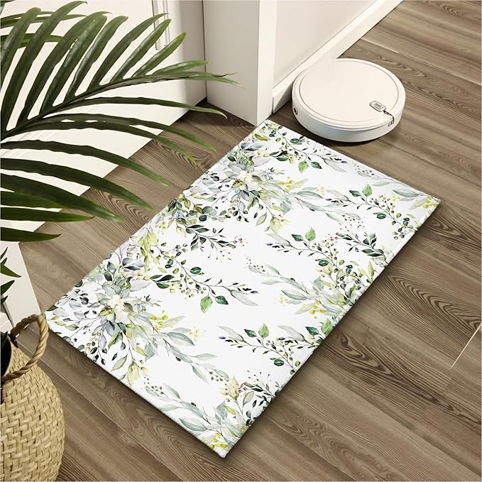 Green Eucalyptus Bath Rug Sage Leaves Bathroom Mat Soft Plush Carpet 20"x32" Non Slip Washable Doormat for Entryway Living Room Shower Tub