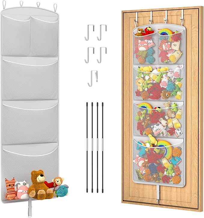 Stuffed Animal Storage Hammock – Over the Door Hanging Toy Organizer & Plush Toy Holder with Metal Hooks & Support Bars, Capacity Mesh Net for Easy Access, Kids Room, Playroom/Nursery, Grey