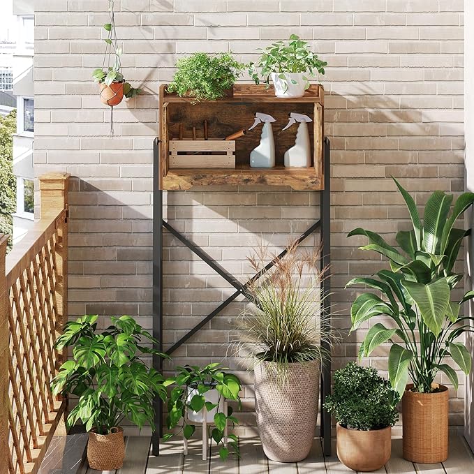 Over The Toilet Storage Cabinet, Freestanding Above The Toilet Storage Cabinet, Over The Toilet Storage Rack with X-Shaped Back Support, for Bathroom, Laundry, Rustic Brown and Black TR04BR