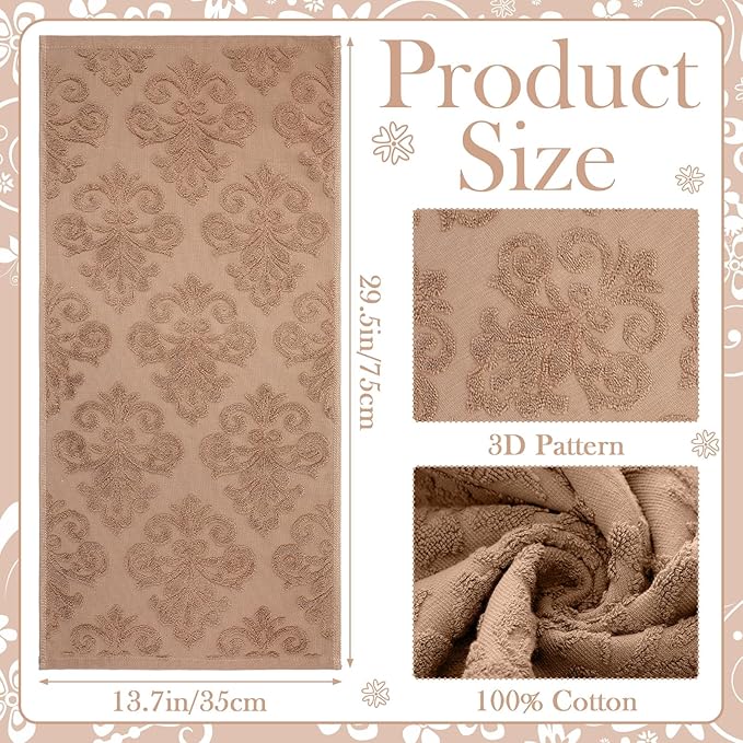 2 Pcs Quality Floral Jacquard Hand Towels Set for Bathroom Brown Hand Towels 100% Cotton Absorbent Decorative Weave Bath Decor Neutral Bathroom Decor Gift, 13.7 x 29.5 Inch
