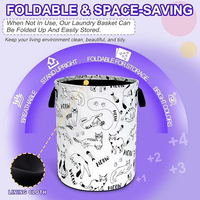 Cute Cat Laundry Basket Oxford Cloth Meow Pet Laundry Hamper Funny With Handle Foldable Portable Clothes Storage Basket 18.9 X 16.5 Inch Storage Bag For Laundry Room/Bathroom/Bedroom/Dormitories